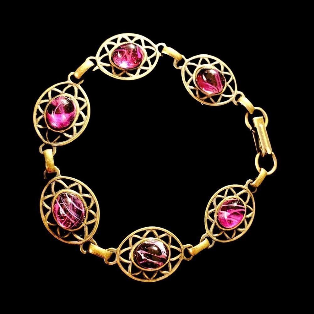 Vintage Banana Bob Victorian Style Ox Gold Open Work Amethyst Cabashon Bracelet 49$